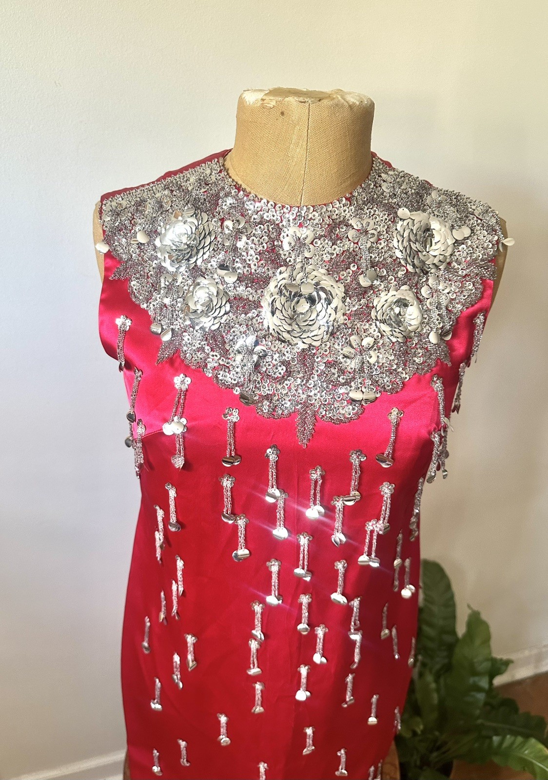 Stunning 1950’s Chinese Red Pencil Dress With Silver Embellishments, XS/S