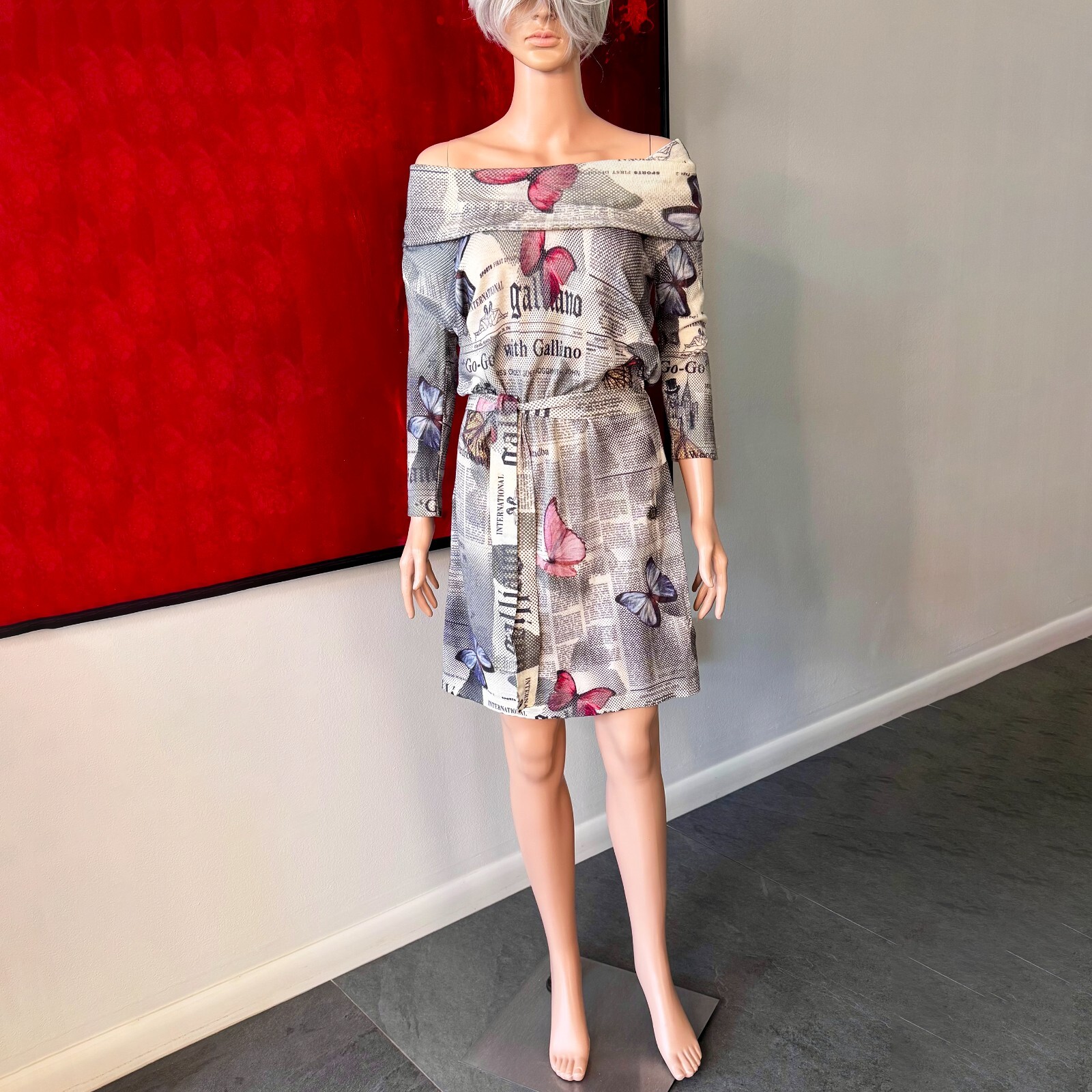 JOHN GALLIANO 2000s Gazette Newspaper Butterfly wool stretch dress print size M