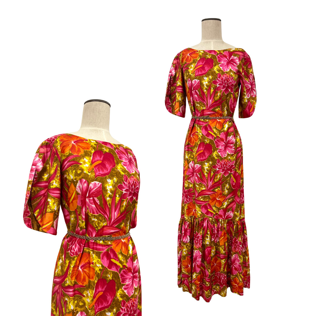Vintage 1960s Handmade Pink & Orange Tropical Floral Trumpet Pake Muu Maxi Dress