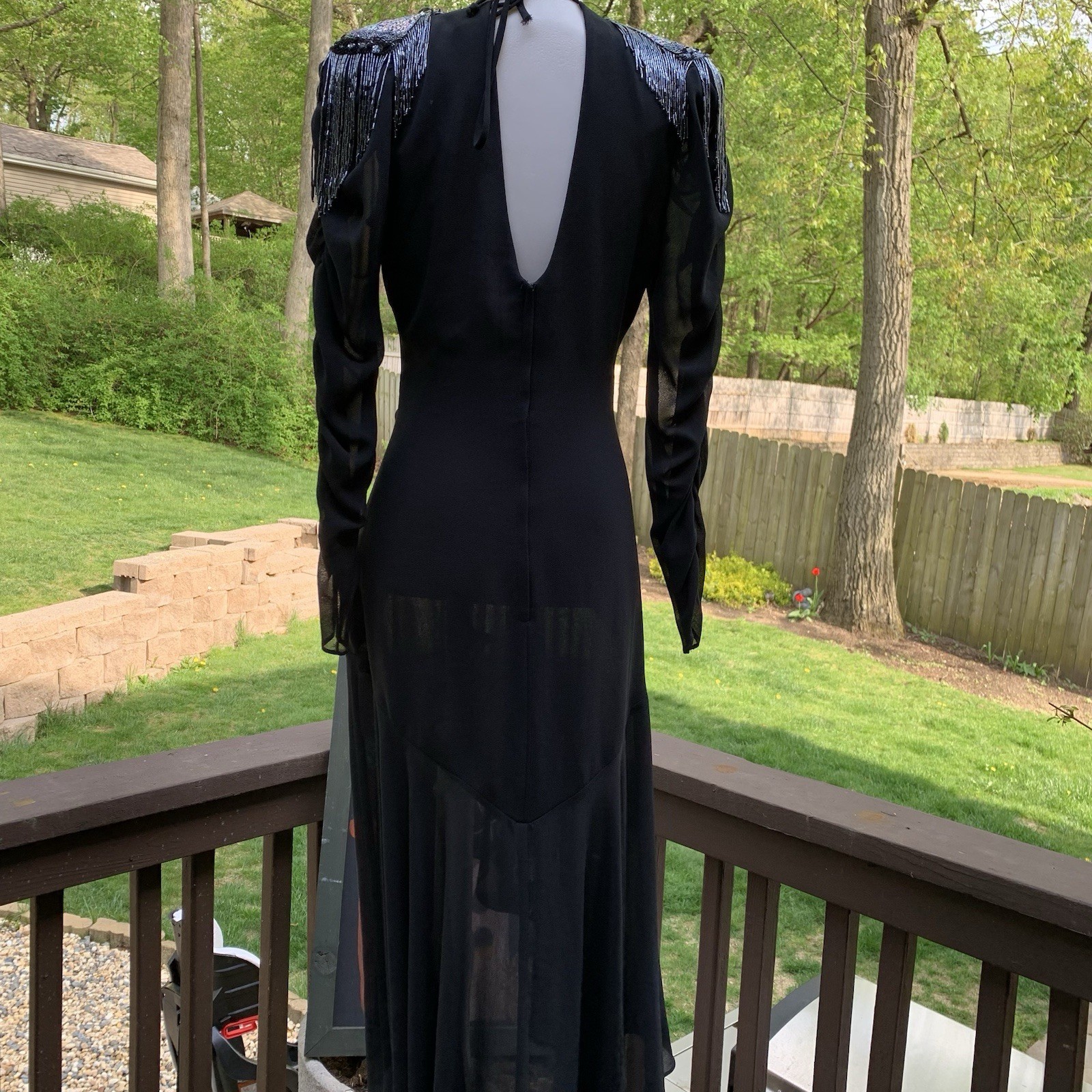 Casadei c1982 Black Long Sleeve V Neck Beaded Shoulder Dress SZ 6/8 Vintage