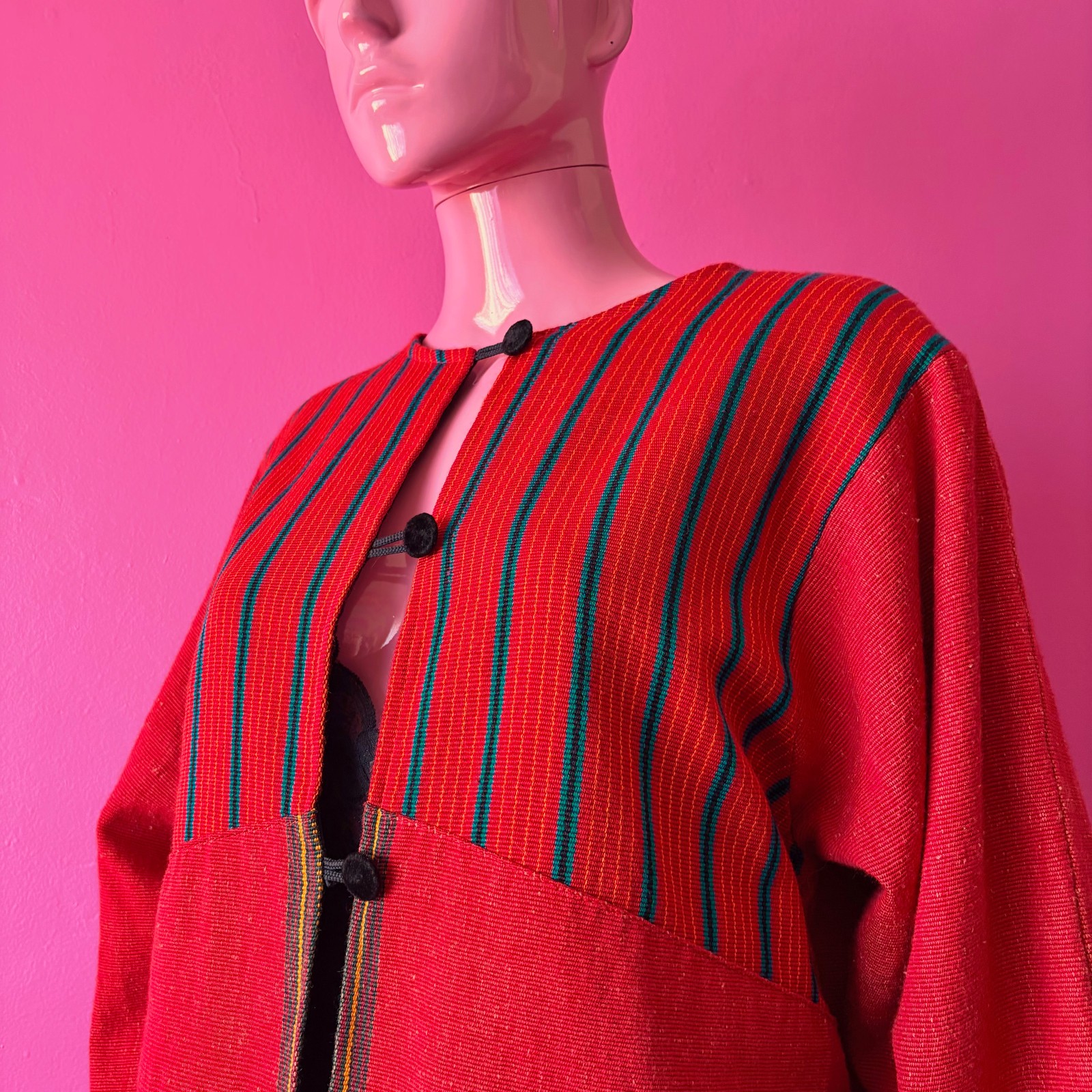 Vintage 90s XL Guatemalan Jacket Red Multicolor Handwoven Stripes Velvet Buttons