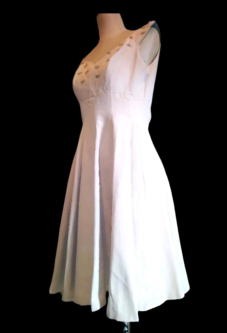 VTG 1950s Cocktail Dress Faille Fit To Flair w/ Full Circle Skirt Beaded Top XXS