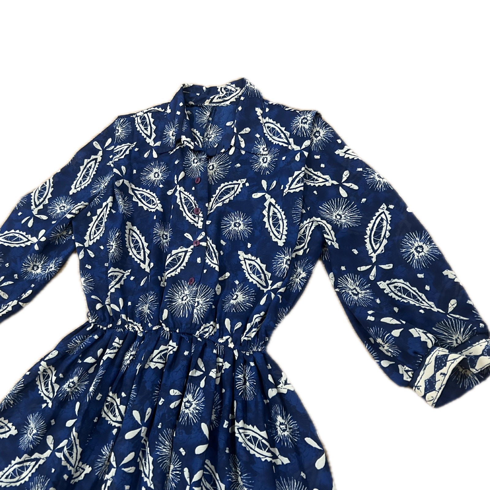 Blue White Sheer Rayon Gauze Shirt Dress Boho Oversized Large ^