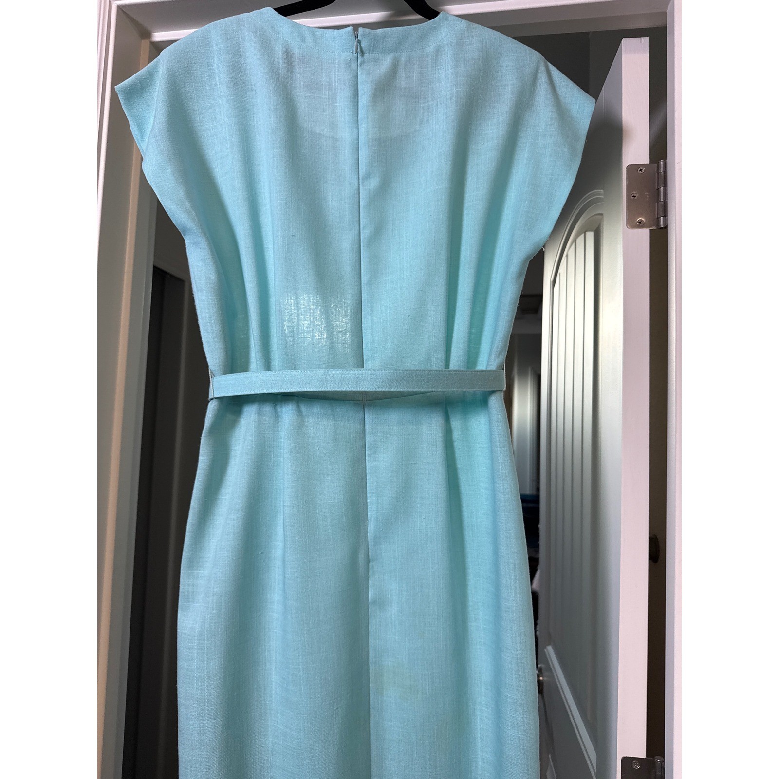 Caron Chicago EUC Vintage 60s Aqua Linen Mad Men Wiggle Dress Belted Sheath USA