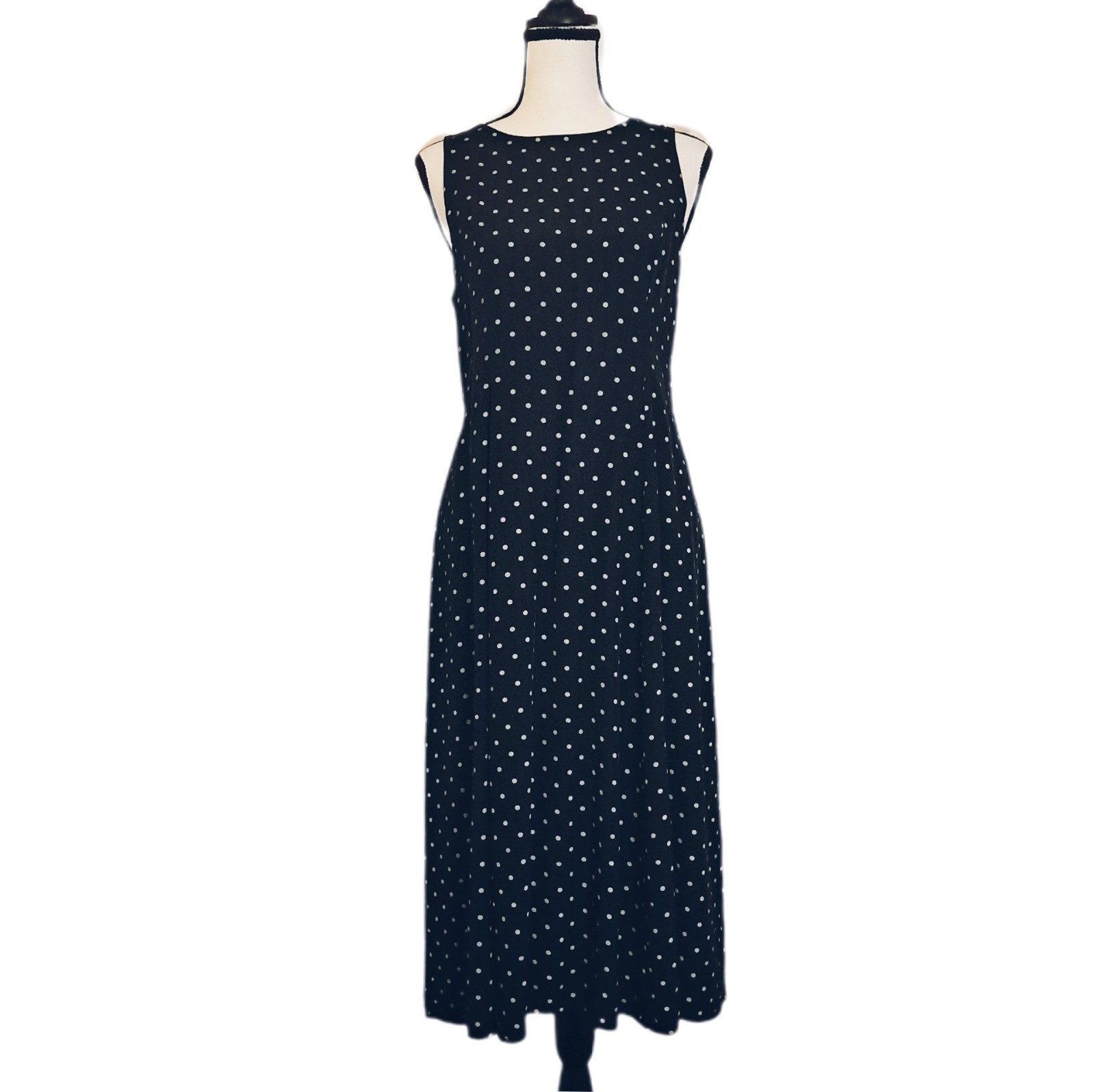 Vtg 90s Casual Corner Black Cream Polkadot Midi Dress Corset-Style Back 11/12