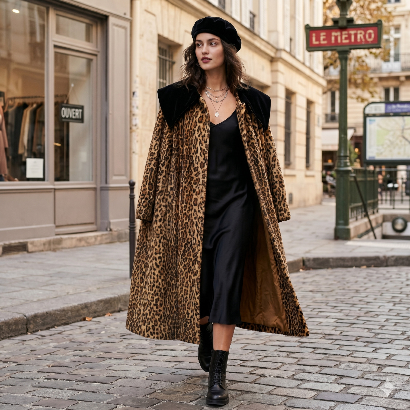 Vintage Cathy Waterman leopard long coat with black velvet caplet and ruched slv