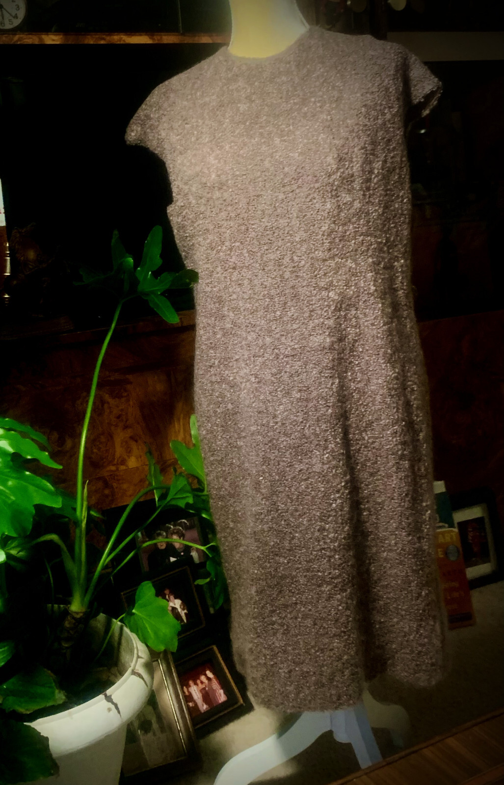 Brown Mocha Wool Boucle Silver Fox Fur Trimmed Belted Coat & matching Dress 8 10
