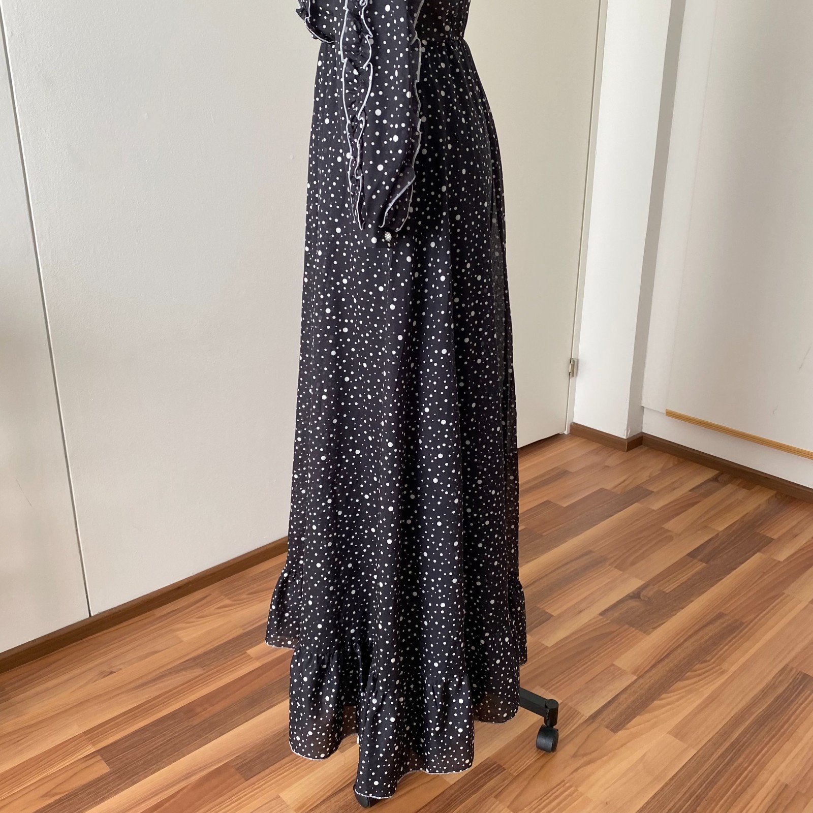 1970s Long Sleeves Prairie Maxi Dress Floor Length Cottagecore Polka Dot Retro