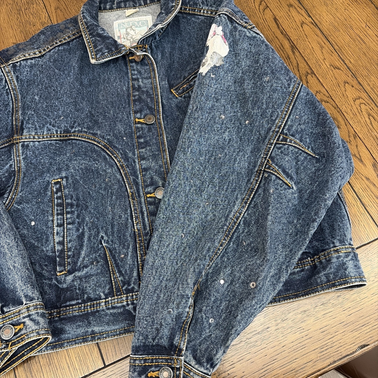 VTG 80s 90s Denim Jacket Nuovo Industriale Sz L WORN THRASHED Glitter Graffiti