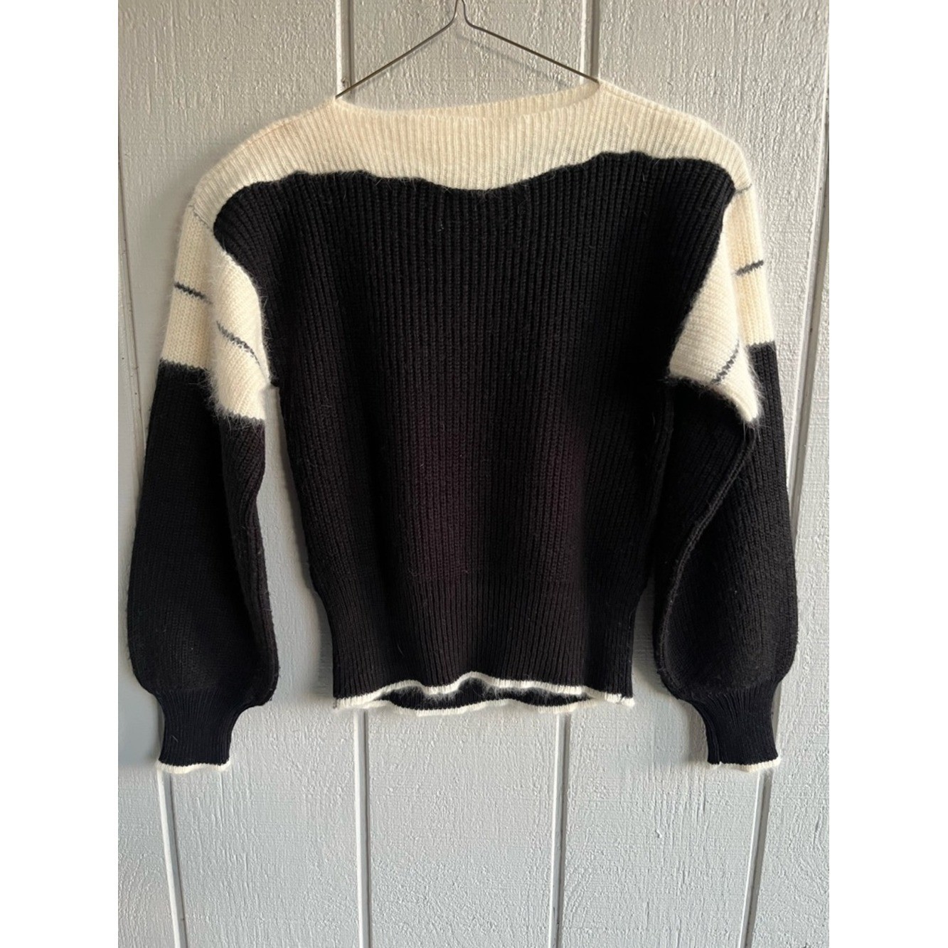 Vintage Angora Blend Knit Sweater Black + Cream Contrast Colorblock Size M