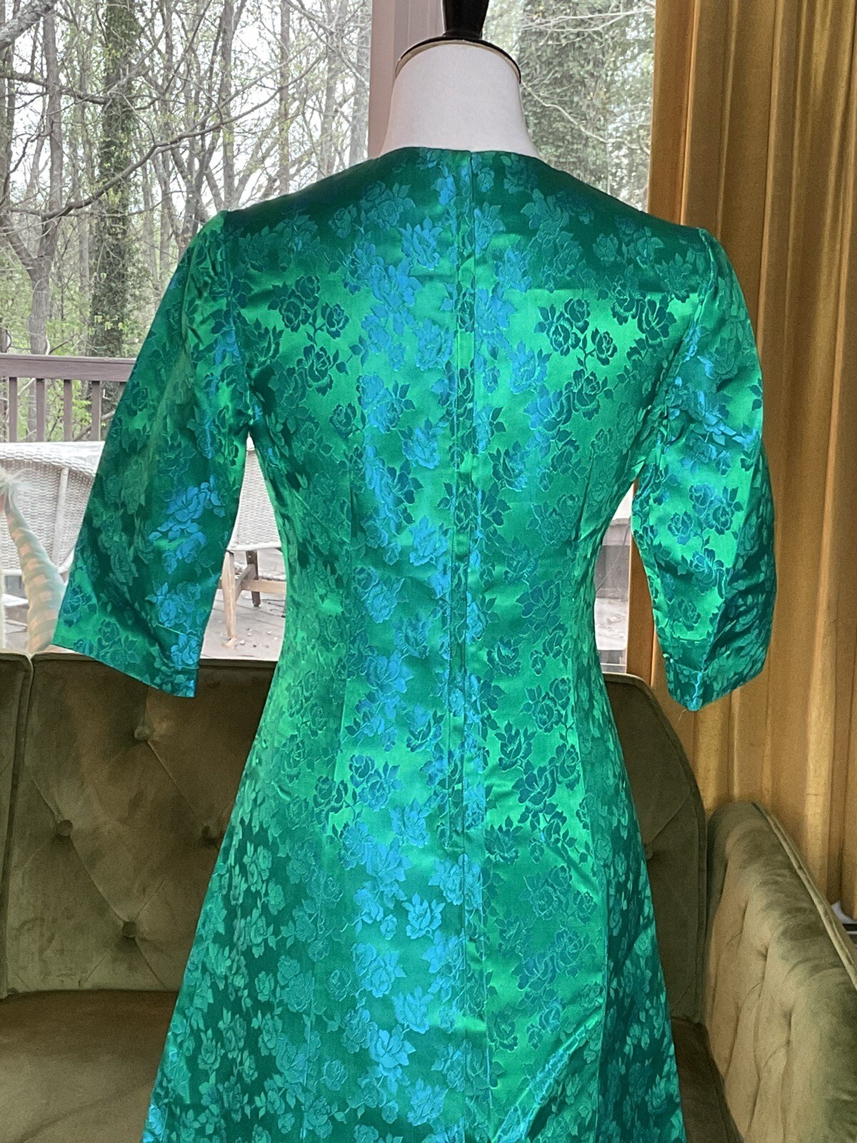 Womens Vintage 1960s Homesewn Blue Green Brocade Satin Gown Rose Floral Design