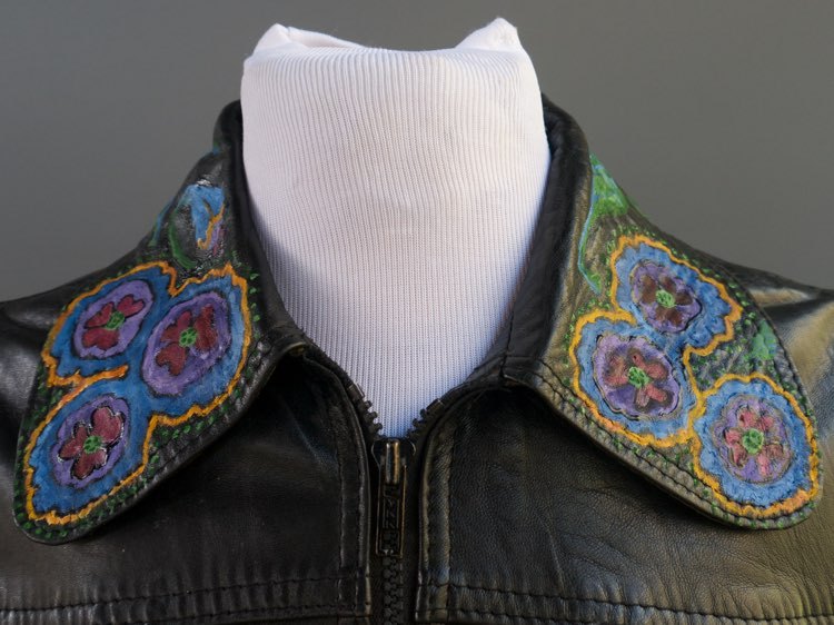 VTG Black Leather Jacket Mexican Day Of The Dead Applique Hand Painted S M