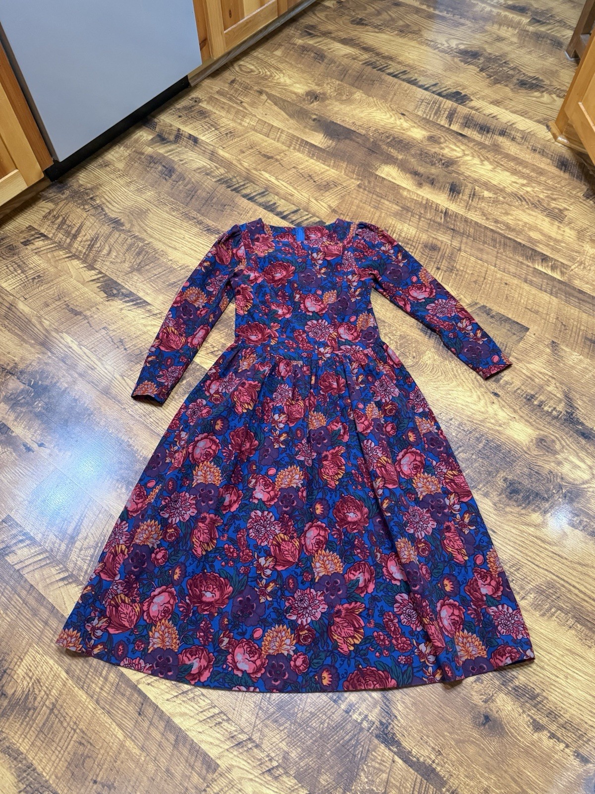 VTG 90s Laura Ashley Blue Red Purple Floral Puff Sleeve Corduroy Dress 10