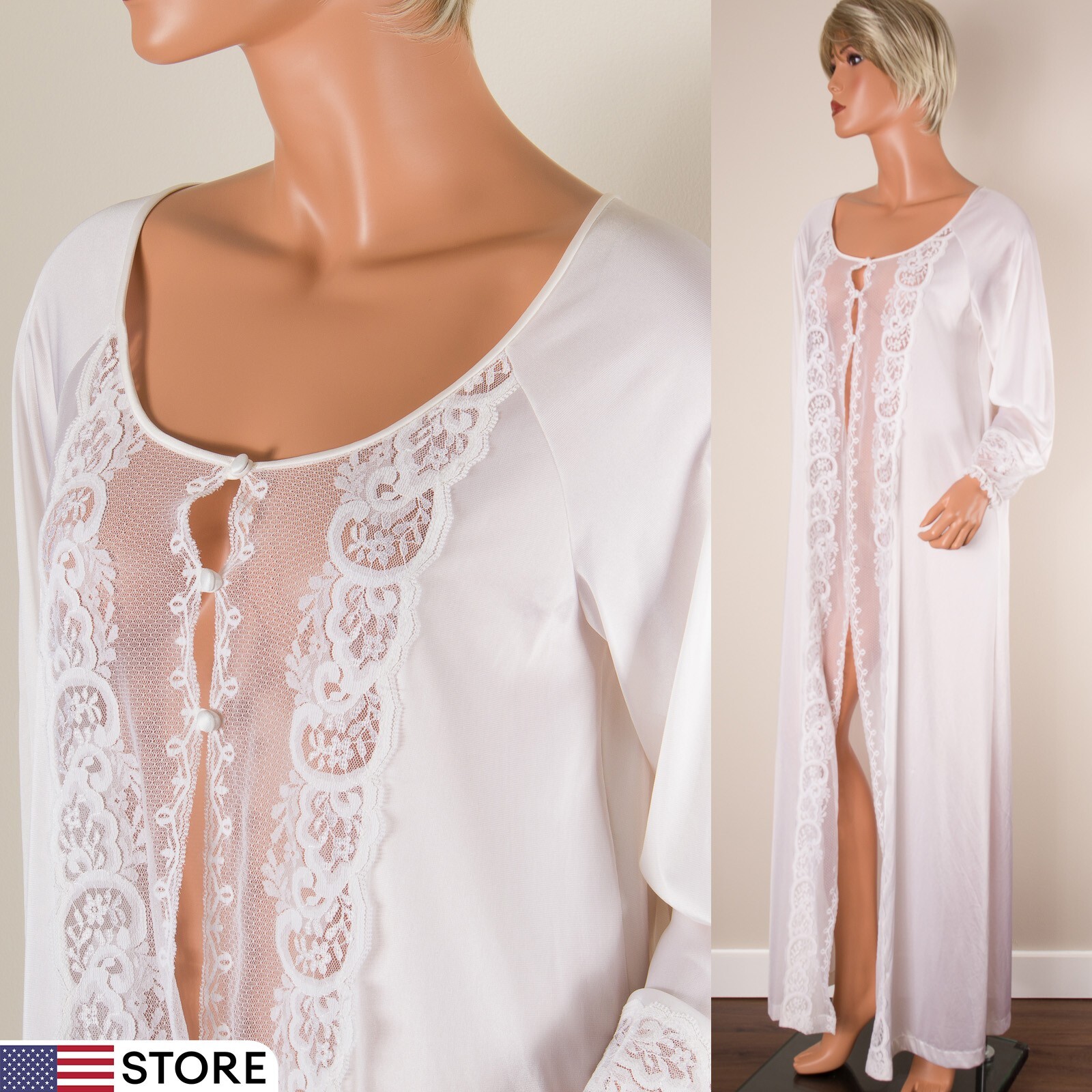 💖 Vintage HENSON KICKERNICK Sz 34 Peignoir Long Gown Robe Ivory Nylon Lace Trim