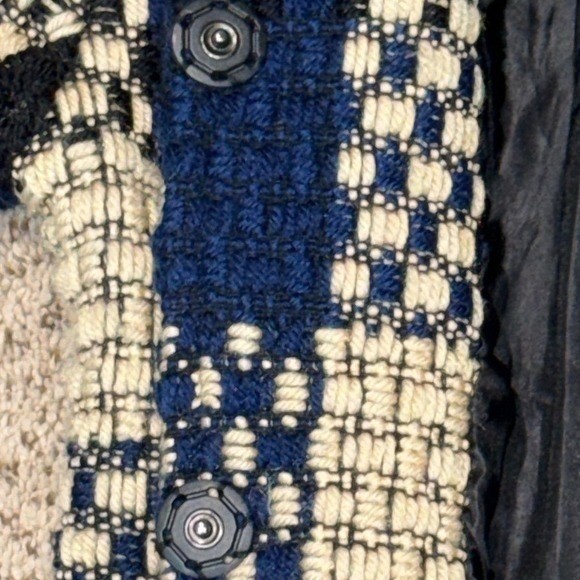 VINTAGE Handmade Korean Textured Weave Coat Navy Blue Cream Plaid A-Line | Sz M