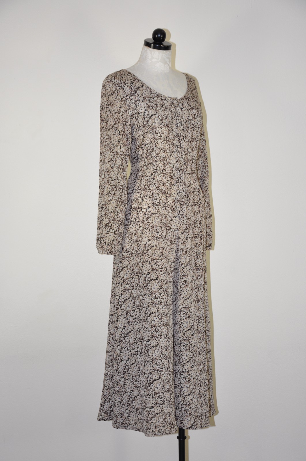 90s Vintage Brown Romantic Floral Long Sleeve Tie Back Grunge Dress Women S M