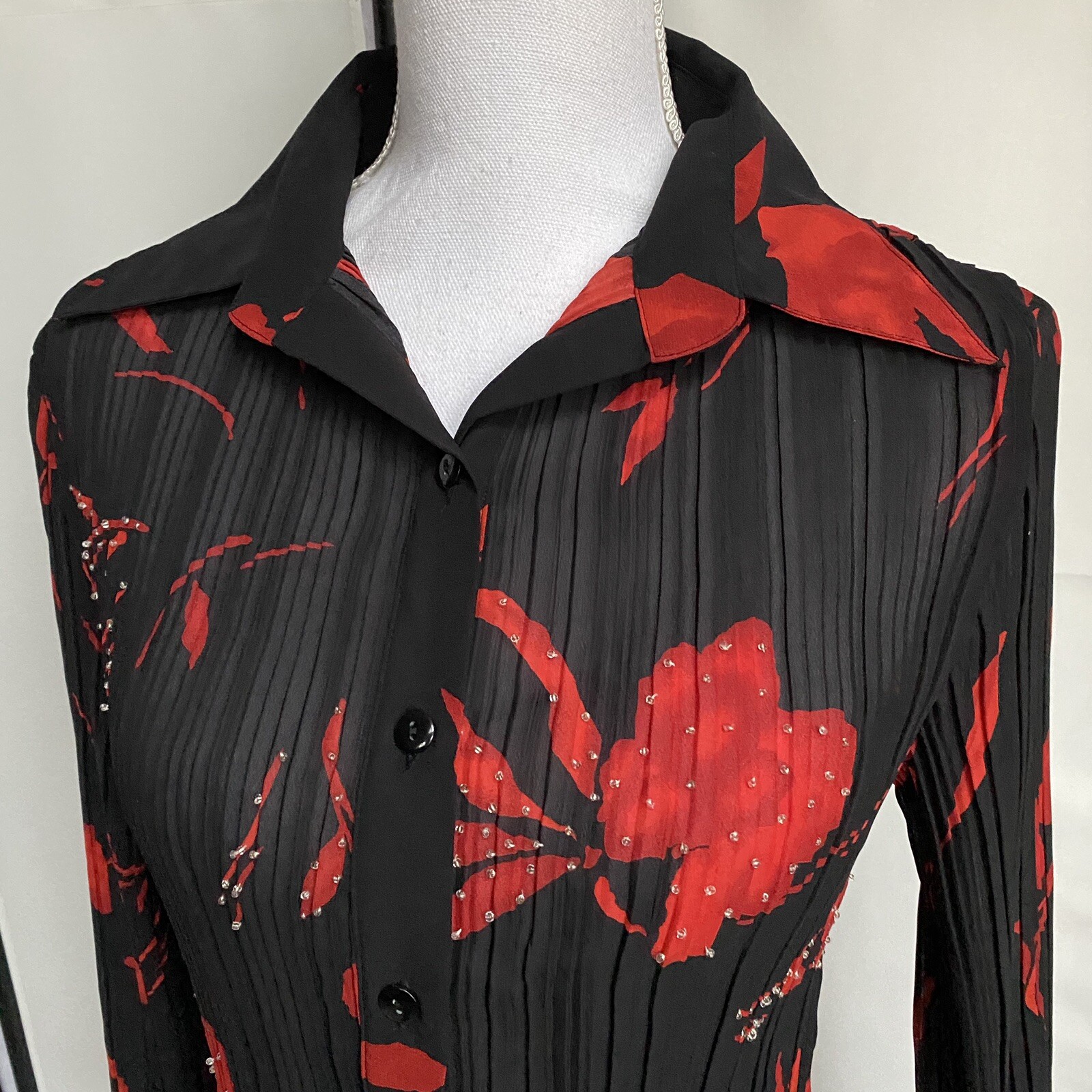 Patchington Vtg Womens Small See Through Top Black Red Button Up Shirt Floral E7
