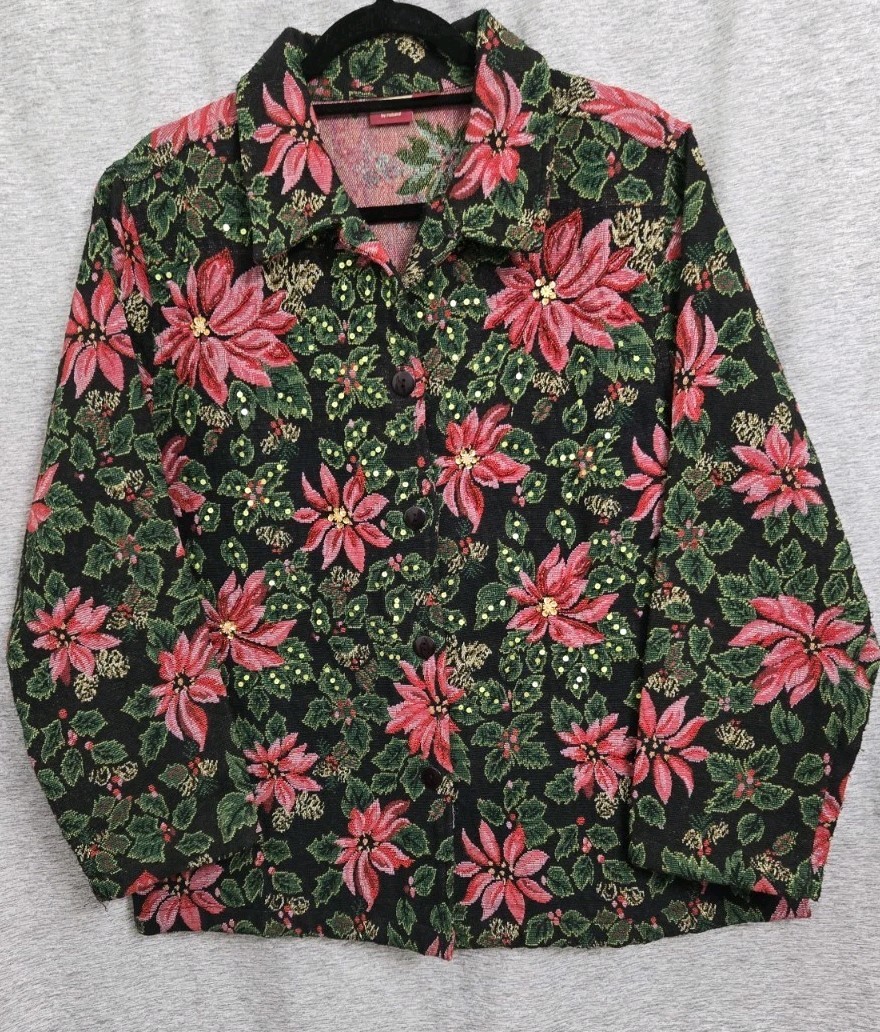 Tudor Court Women Sz Lg Denim Poinsetta Print W/ Sequins Jeans Jacket Holiday