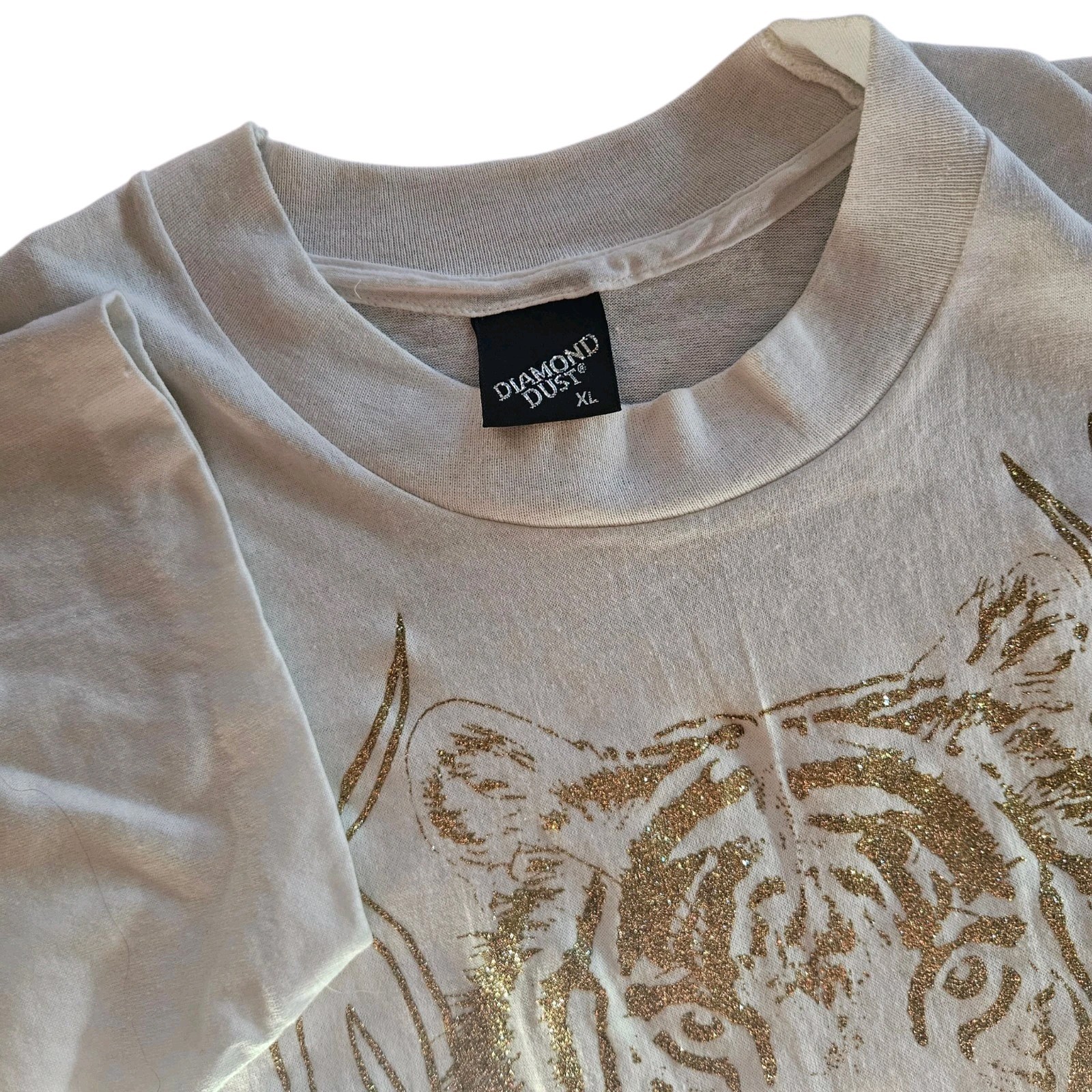 Vintage 1990’s Diamond Dust Gold Glitter Tiger T-Shirt Large Y2K Single Stitch