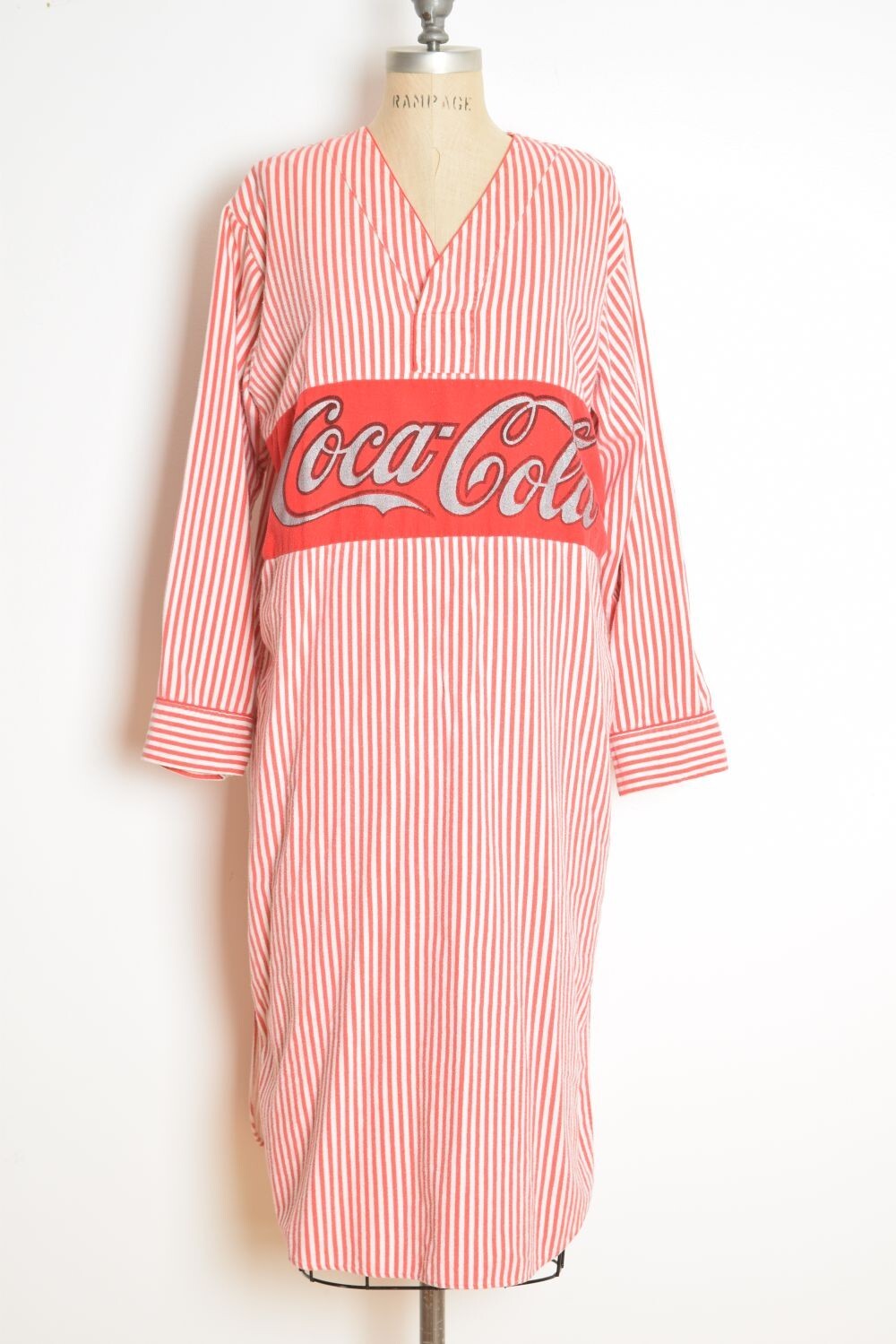 vintage 80s nightgown dress red striped flannel COCA COLA print long maxi