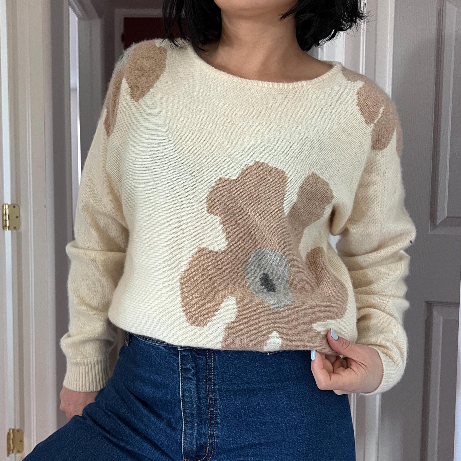Vintage 90s Cashmere Blend Oversized Floral Sweater Cream Neutral Cottagecore M