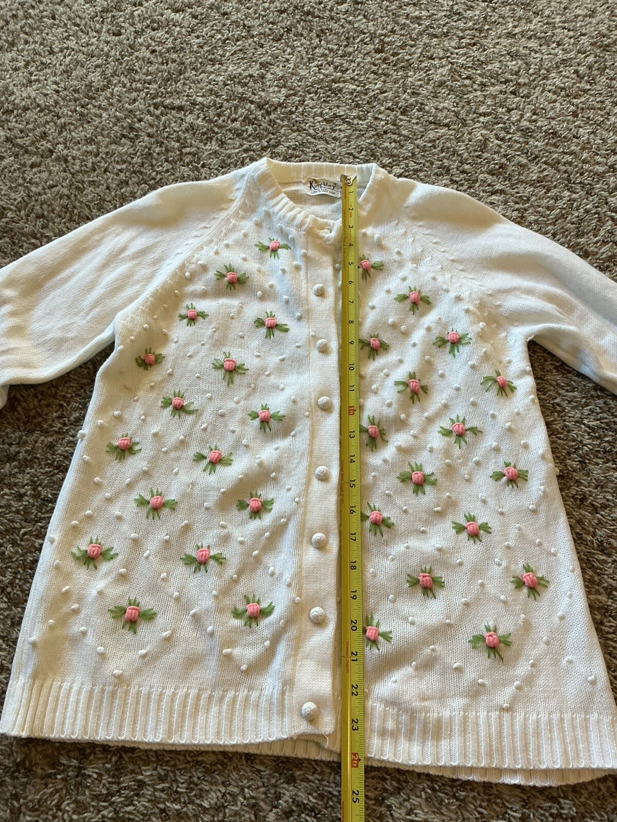 Vintage Kingsley Cardigan Sweater Medium VGUC White Floral Design