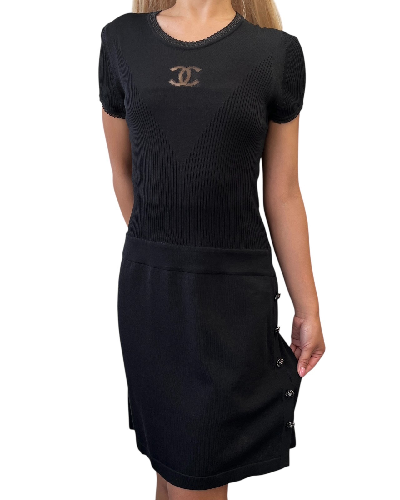 CHANEL Vintage P37829 CC Button Rib Knit Dress One-piece Black #38 Sheer 902018