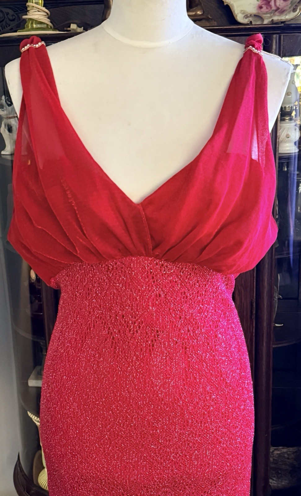 Vintage 80’s Red Flapper Style Knit Dress Rhinestone’s Fringe Size M/L