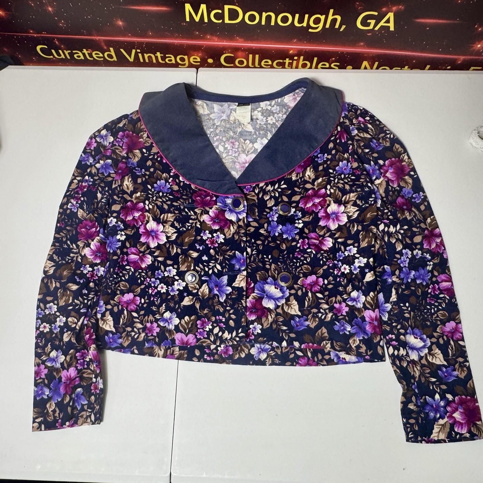 Vtg 1980s Picture Me Floral Cropped Blazer Small USA Cotton Secretary Grannycore