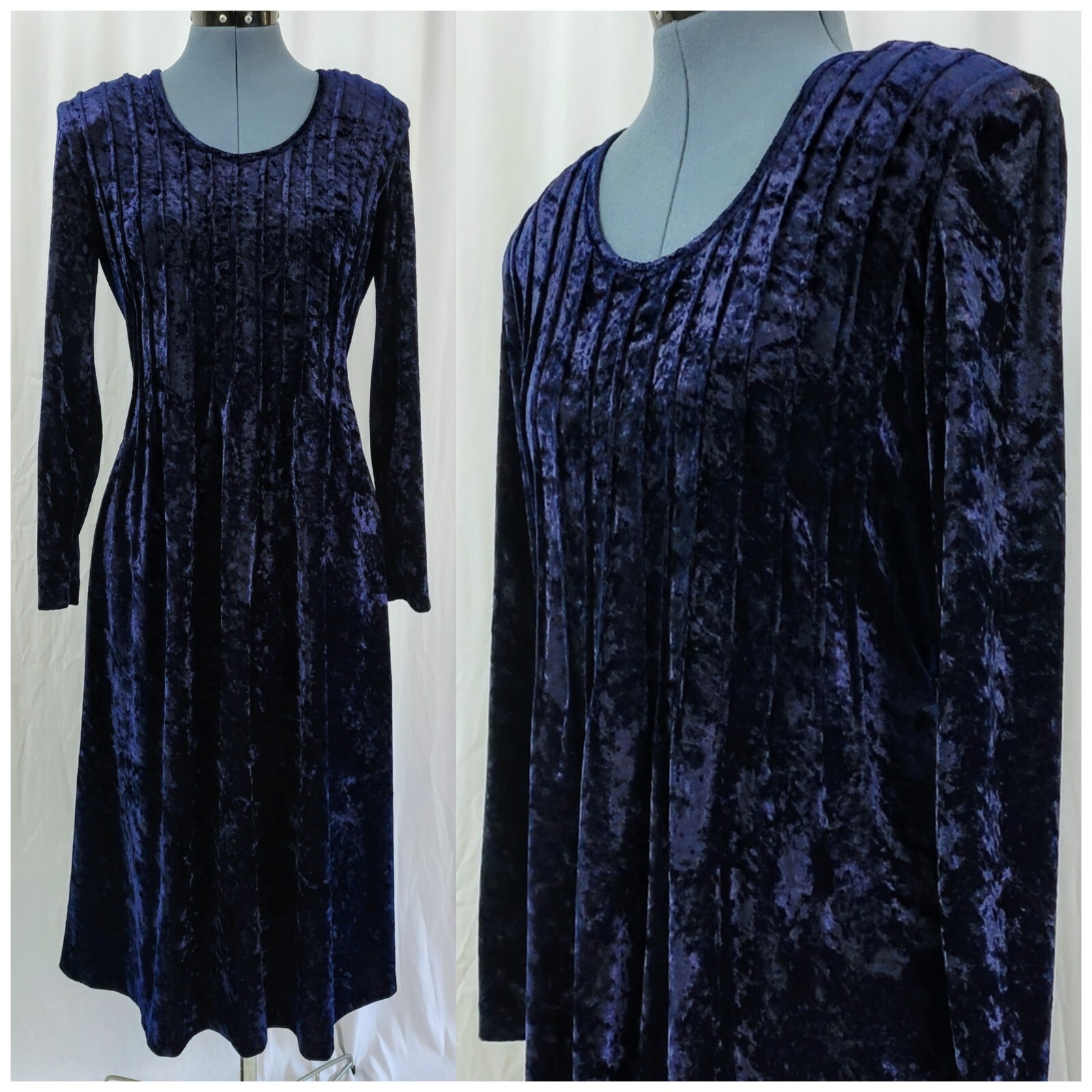 Vintage T.R. Bentley Navy Blue Crushed Velvet Dress w Waist Tie Back Size 6