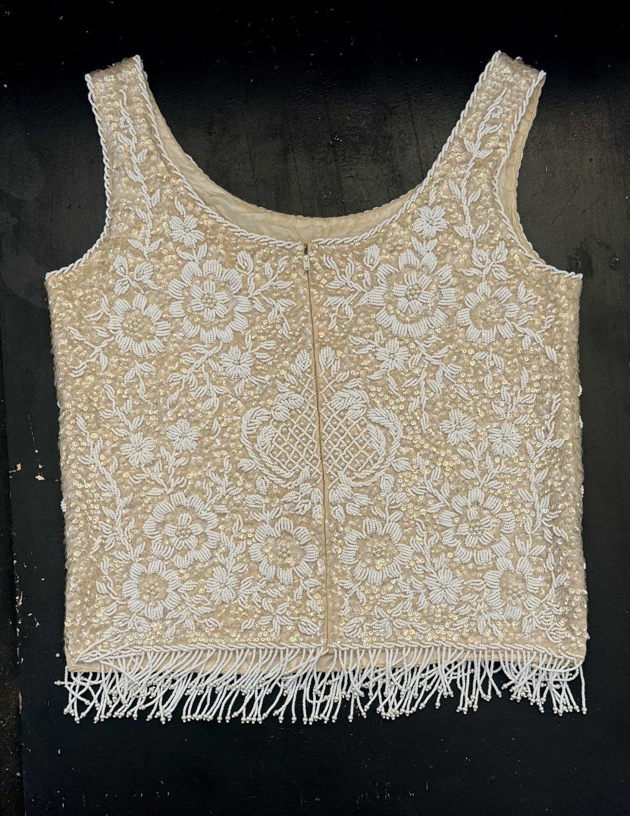 Vintage 50s Stephen Chu Imported Beaded Sequins Top With Fringe Hem Cream White