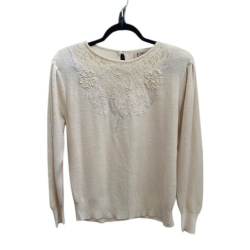 D’Allaird’s Vintage Ivory Angora Blend Beaded Lace Pearl Puffed Sleeve Sweater