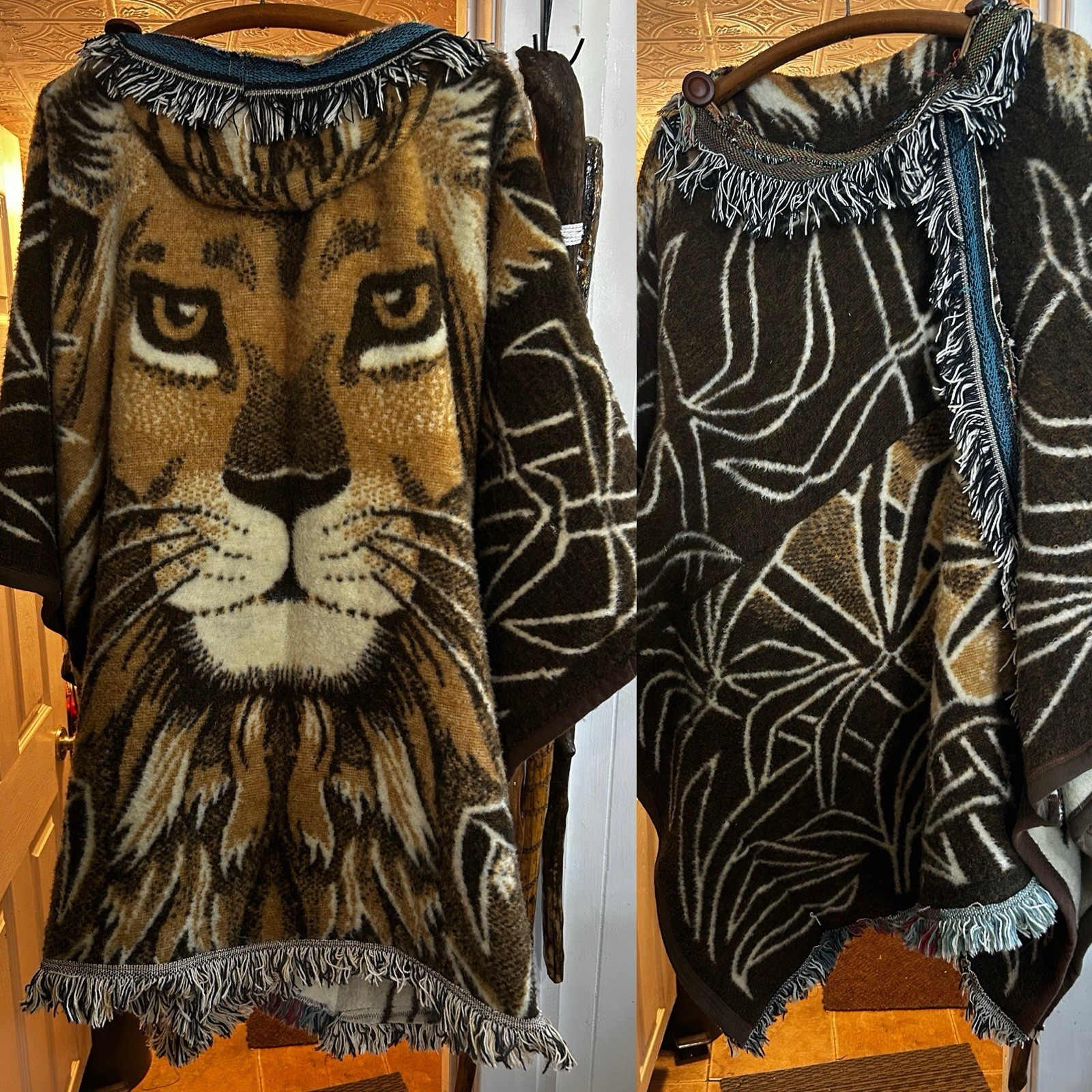 Upcycled Lion Poncho Cape From Vintage Biederlack Blanket W/2 Pockets Unisex