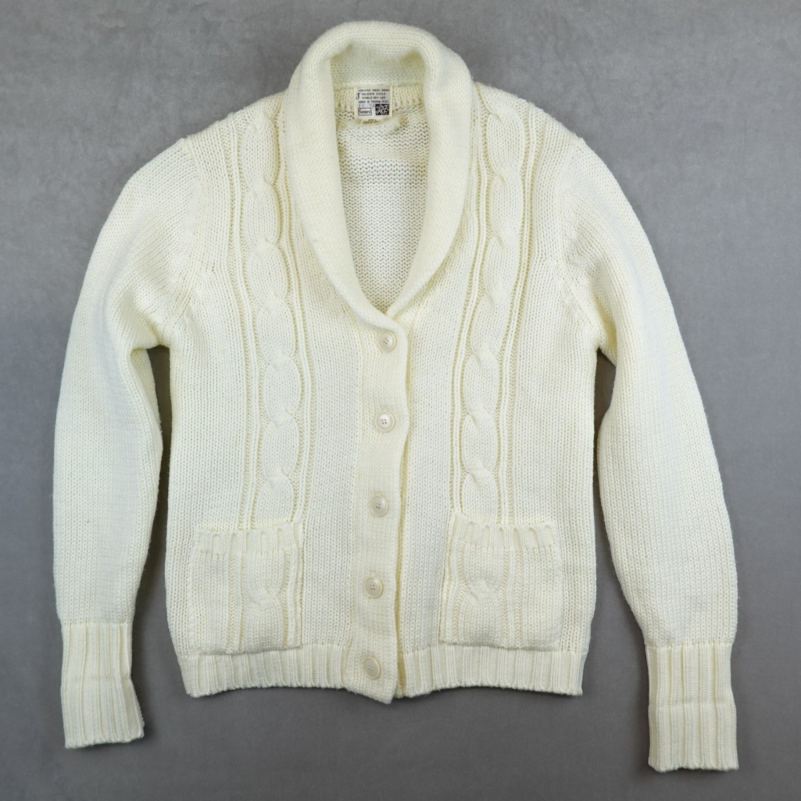 VTG Sears Sweater Cream Ivory Cable Knit Shawl Fisherman Cardigan Women Large 80
