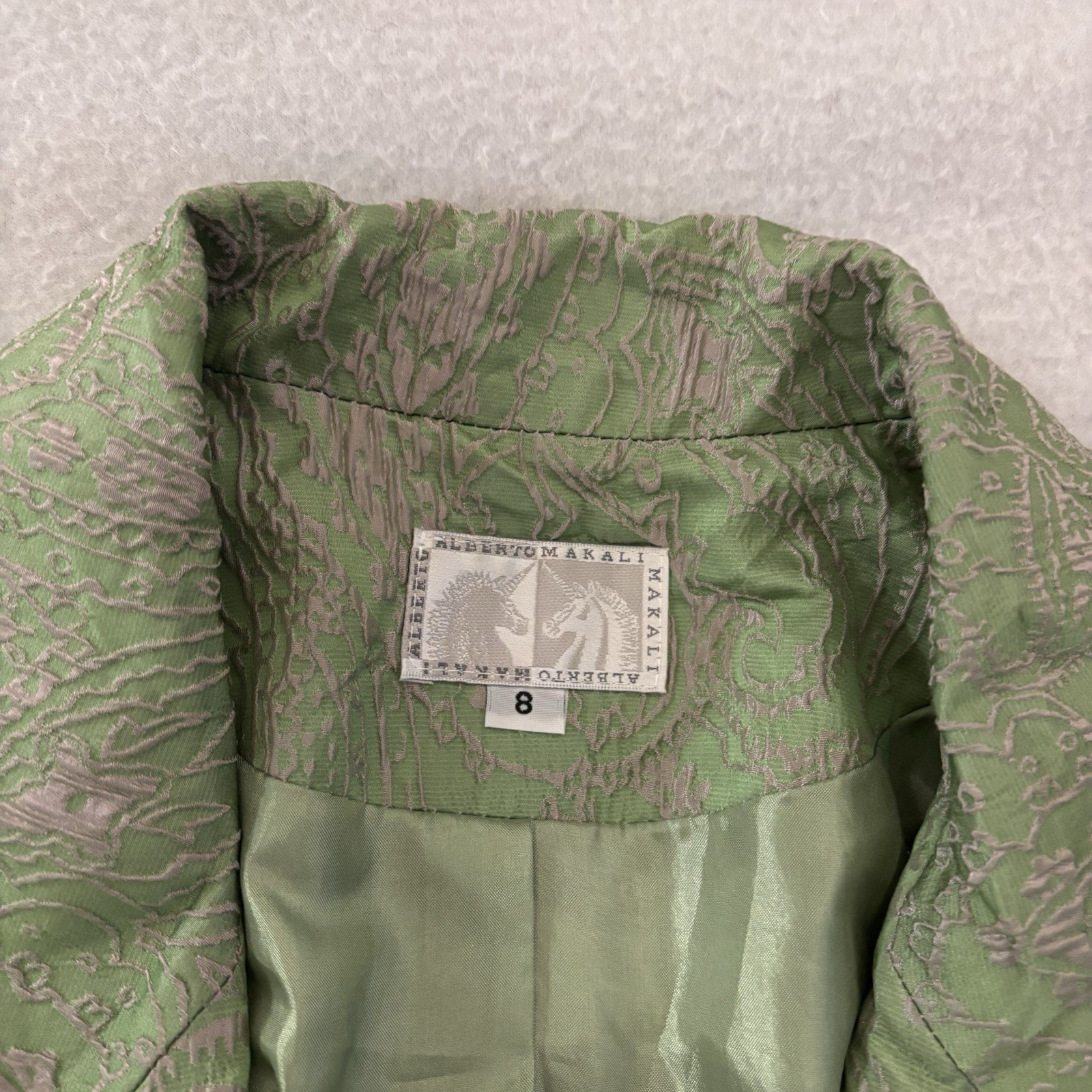 Alberto Makali Blazer Jacket Women’s 8 Paisley Green White 2 Buttons Short Silk