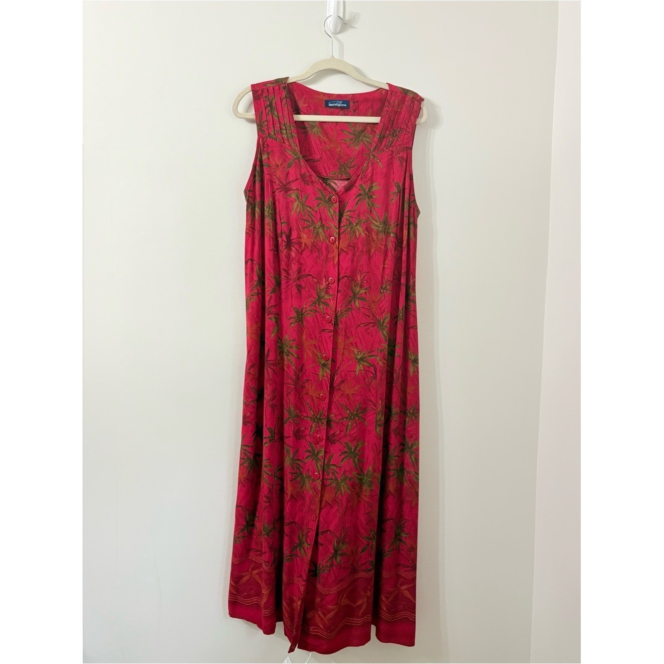 VTG 90s PENNINGTONS Tropical Palm Print Red Maxi Dress Flowy Vacation Summer L