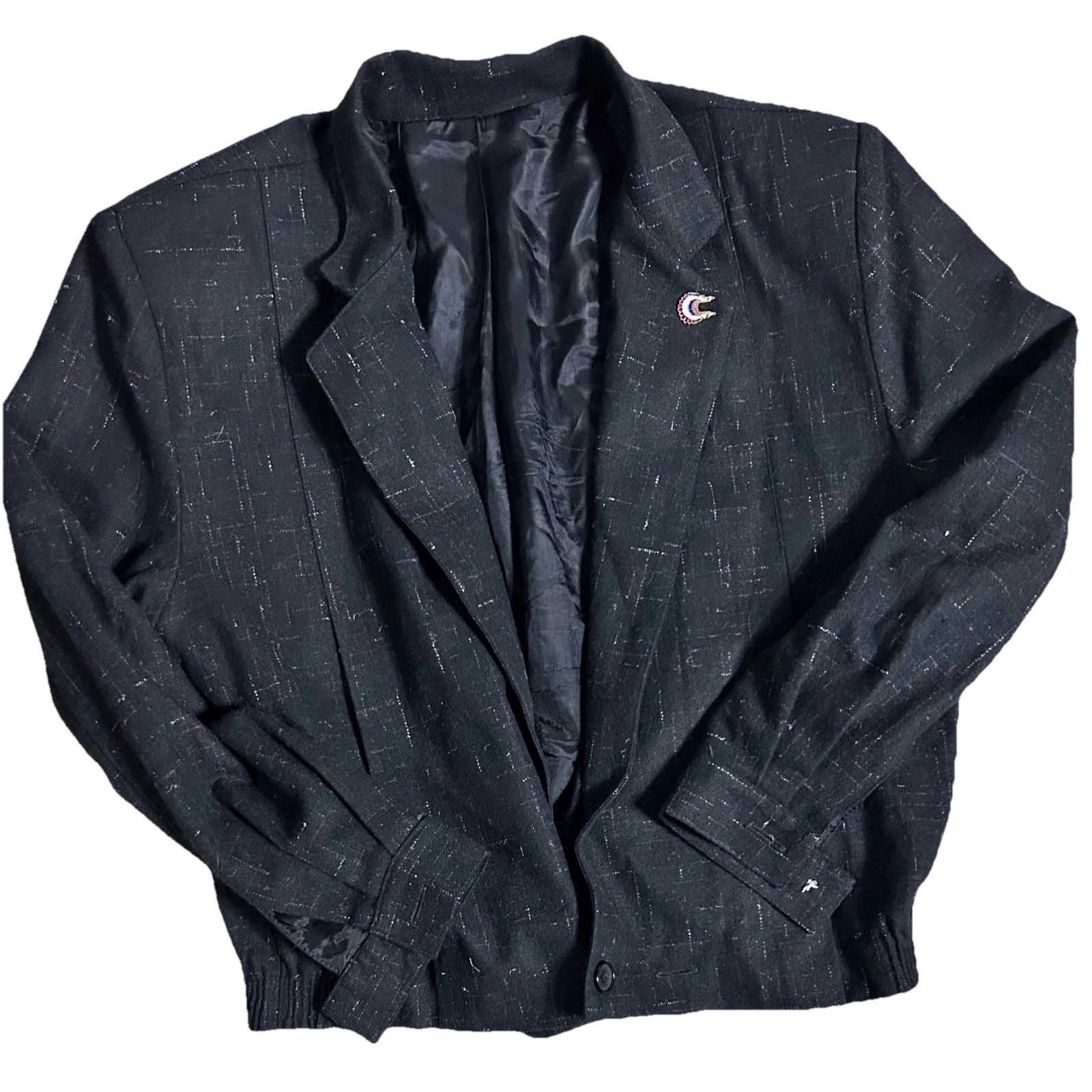Vintage 80s Black Bomber Jacket Wool Blend Zip Up Retro Size Medium