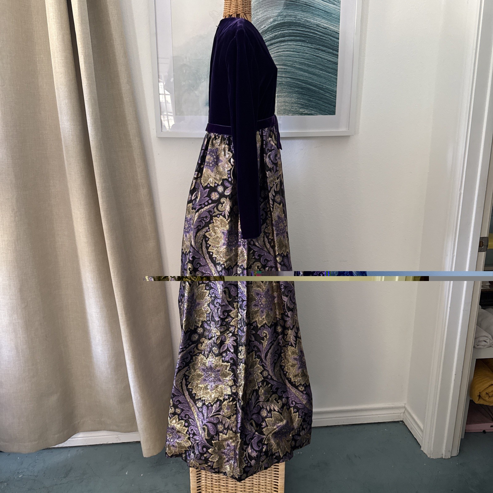 VTG Kent Originals Purple Velvet V Neck Brocade Black Gold Velvet Empire Gown