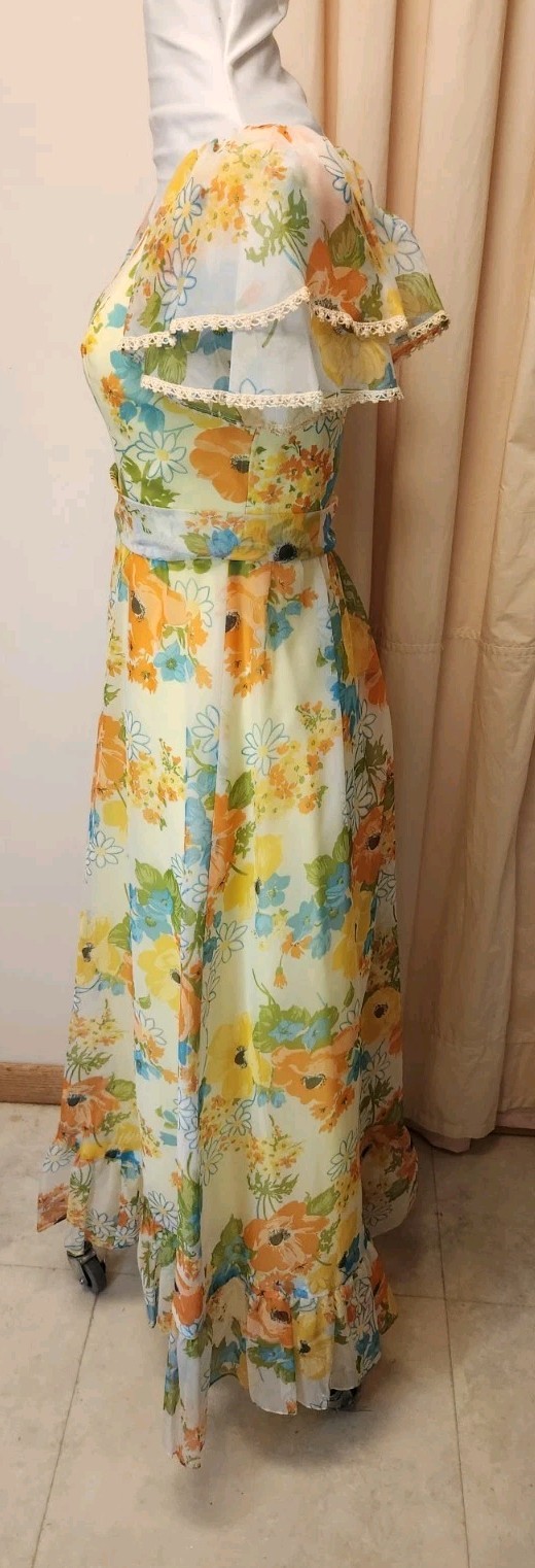 Vtg Wm’s 70s Yellow Floral Maxi Dress*Sheer Flutter Sleeve*Lg-photo Measurements