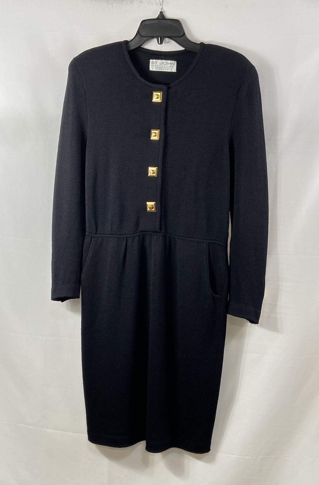 Vintage 90s St. John Collection Women’s Black Santana Knit Gold Button Dress 8