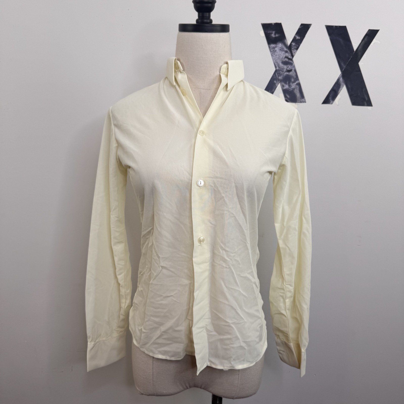 French Vintage 70s Polyamide Fitted Button Up Blouse Ruffle Overlay Top 32