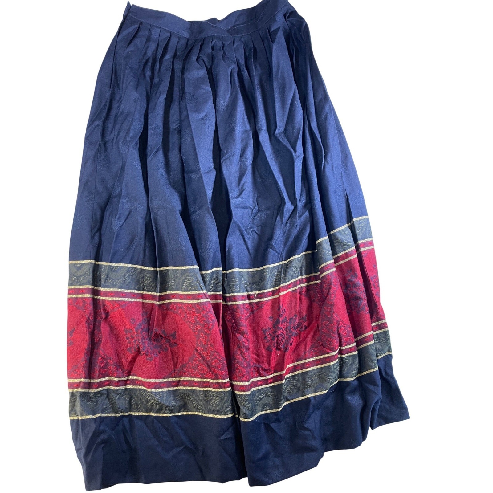 The Villager Skirt Womens Navy Blue Vintage Damask Woven Pleated Midi Size 10