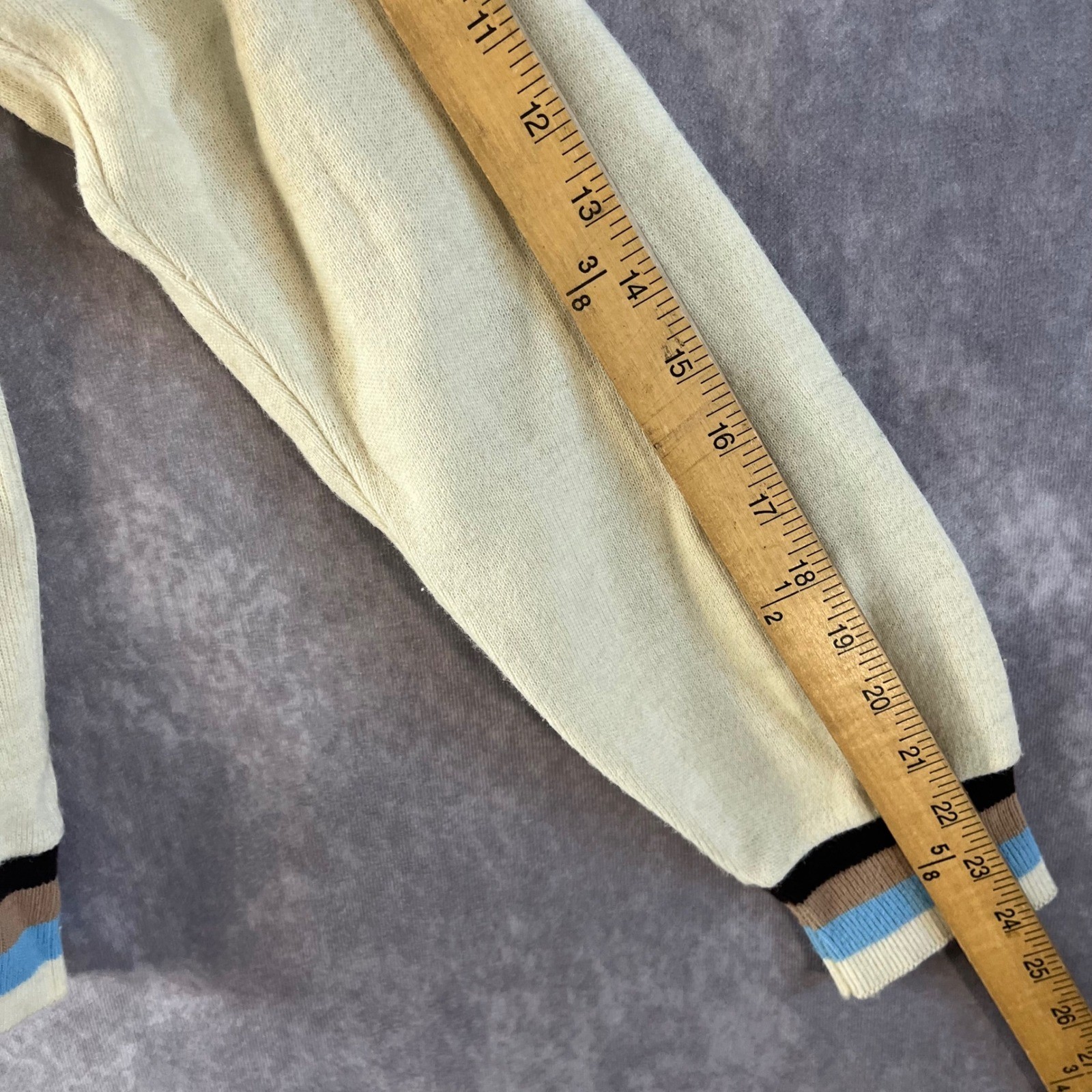 Cascade of California Sweater Women M Cream Blue Striped V-Neck 60s Vintage