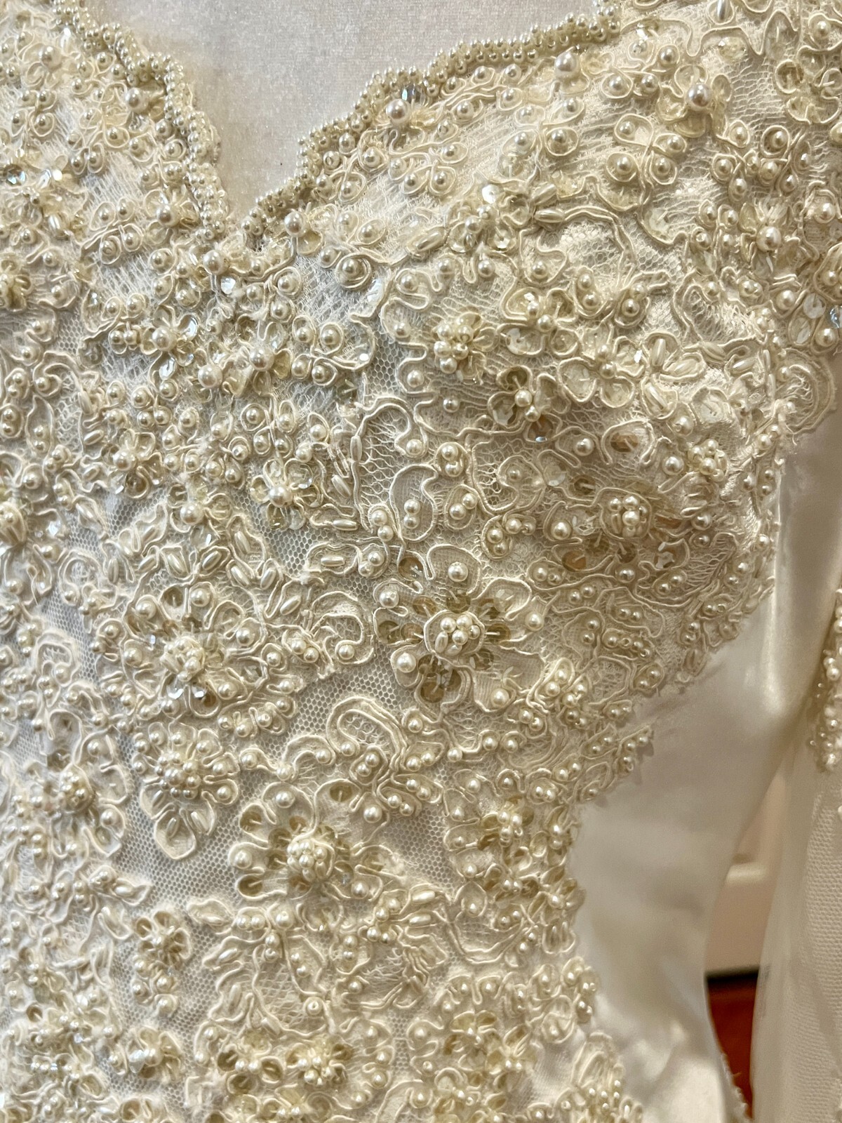 Vintage Mori Lee Wedding Dress Size 12 Satin Lace Pearl Bridal Gown Ivory
