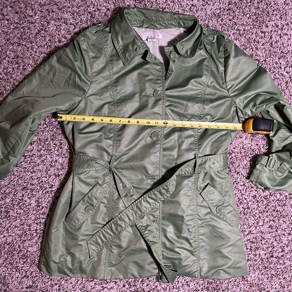 Liz Claiborne Olive Green Trench Coat Belted Button Front Classic Jacket Chic