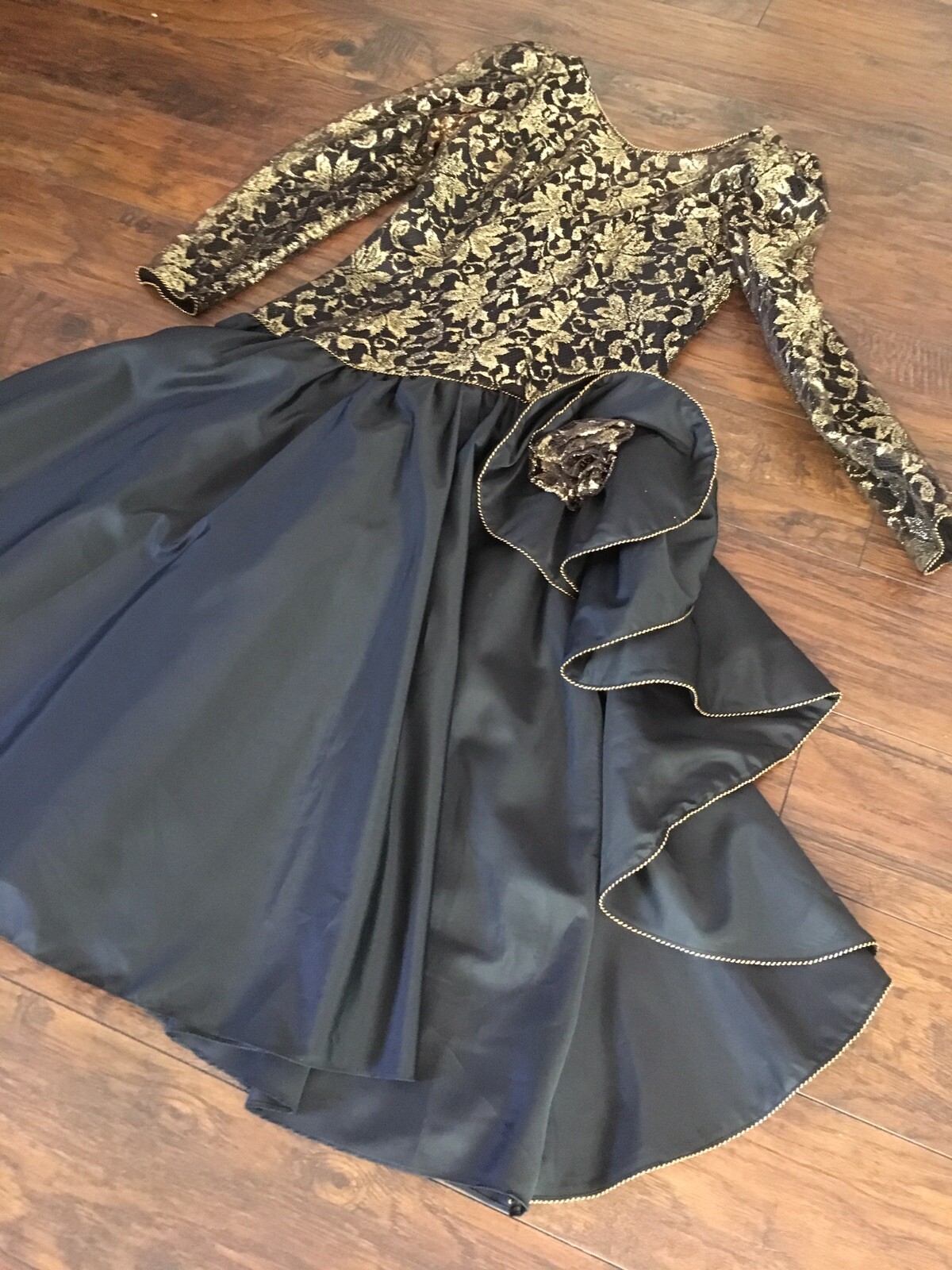 1980s 1990s Party Samir Antonio Ruspoll Dress Black Gold Sz 14 Lace flamenco