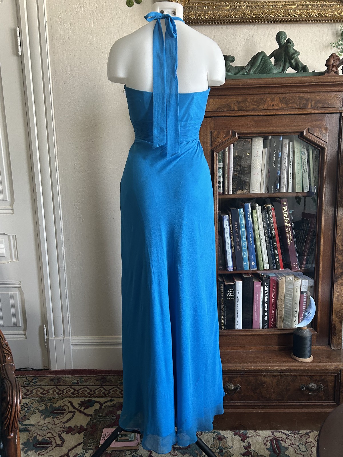 Vintage Y2K Laundry Shelli Segal Aqua Blue Silk Halter Maxi Dress Formal Fairy