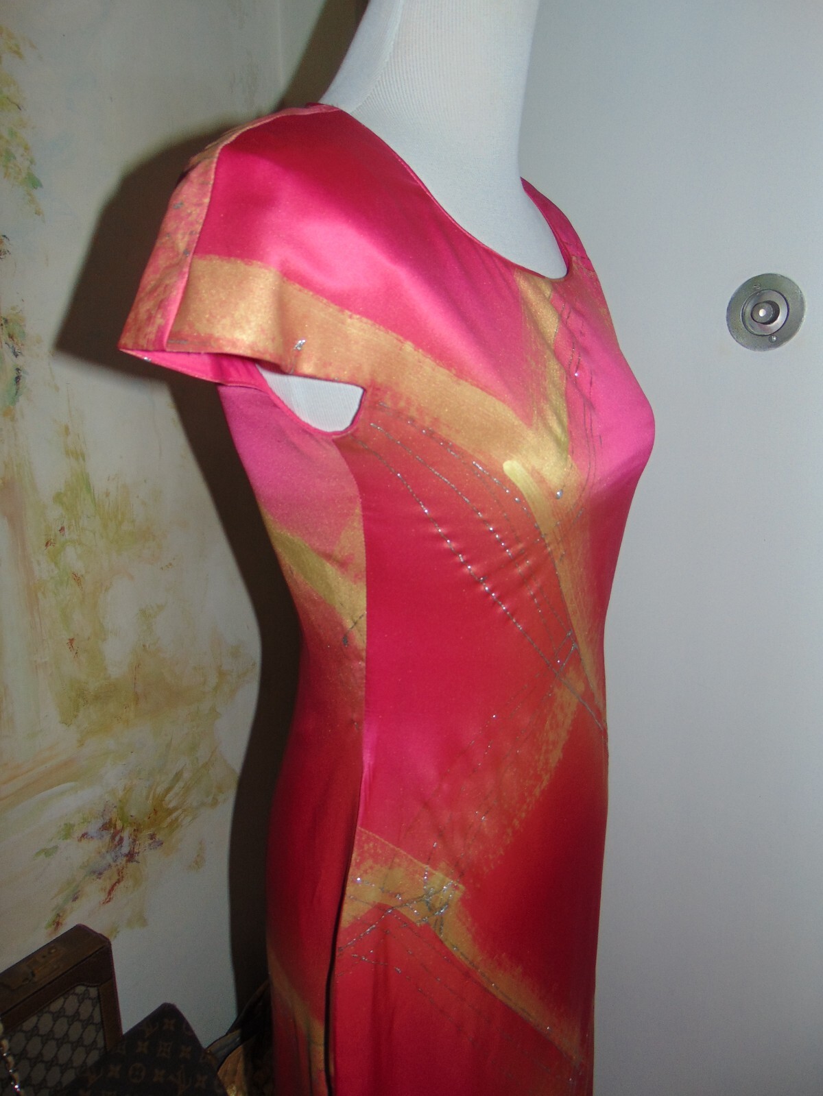 William Pearson Designer Vintage Dress Cheongsam Slit Rose Pink Gold Silver sz 6