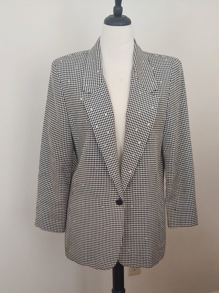 1990s Sportables Women’s M Black/White Diamond Pattern Blazer Jacket/Rhinestones