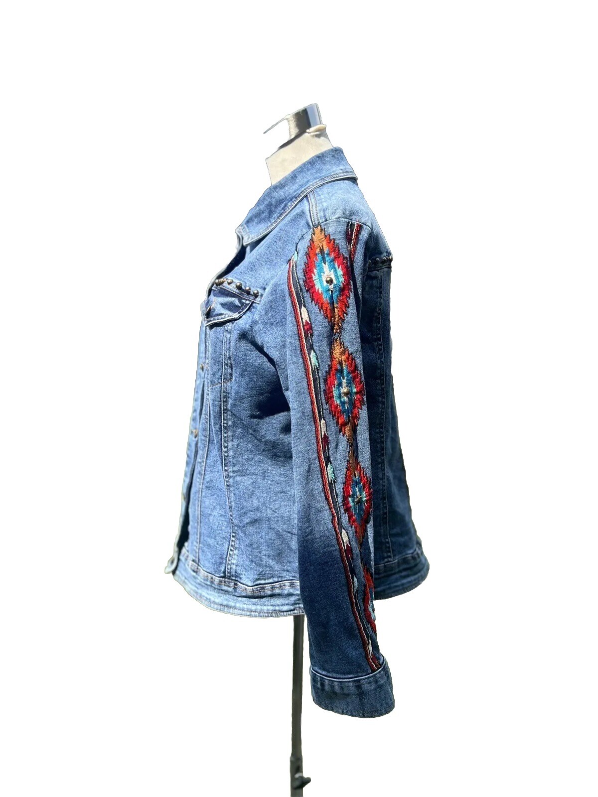 Vintage Denim Jacket Southwest Aztec Flame Embroidered By Vintage Collection Lg